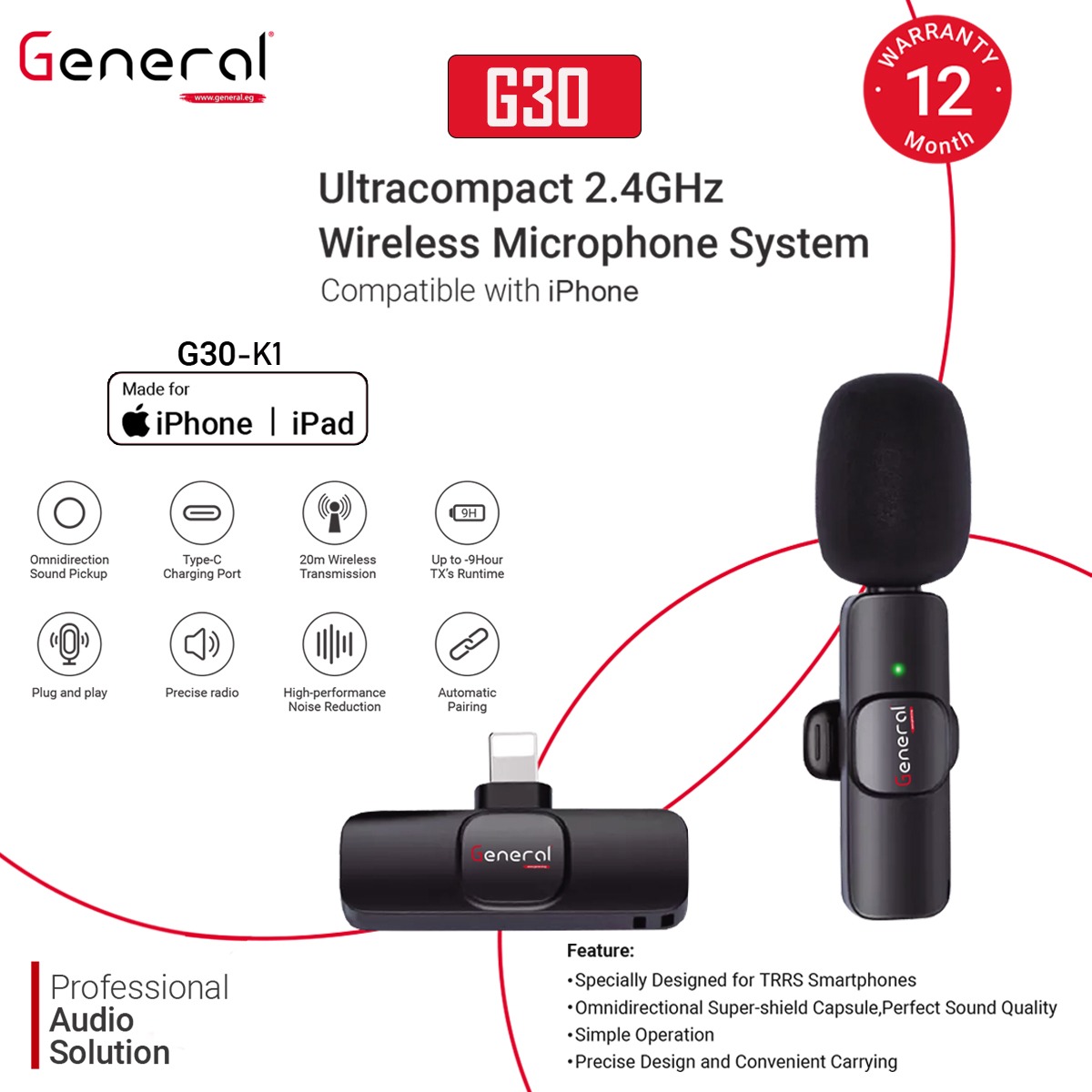 General Wireless G30 microphones iphone K1 (Black)