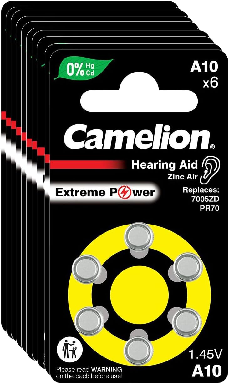 Camelion Extreme Power A10 Hearing Aid Batteries – 60-battery (10 Blisters x 6 Cells) – Zinc Air – PR70 – 1.45V – Long Life – Mercury-Free