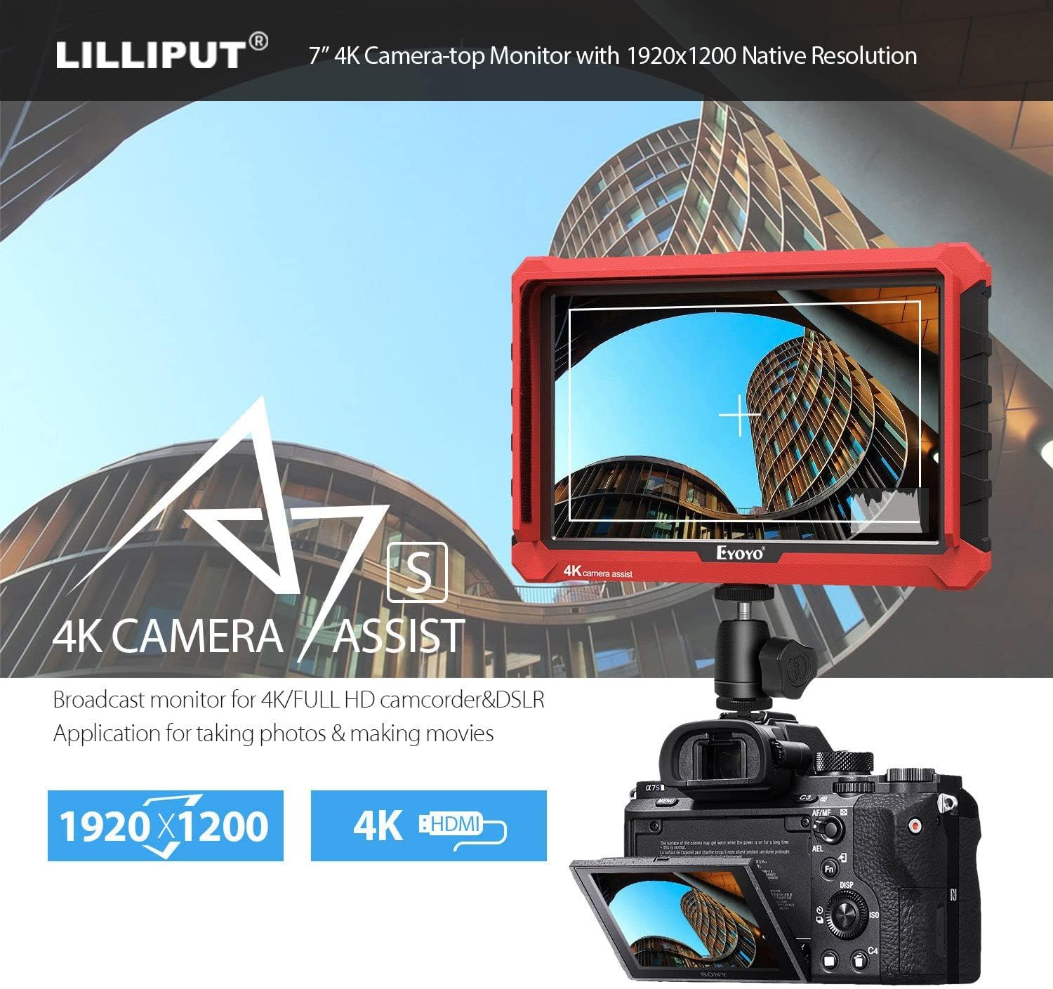 Lilliput A7S EY-ZB0167 7-inch IPS Screen 4K Camera Field Monitor for Mirrorless Cameras