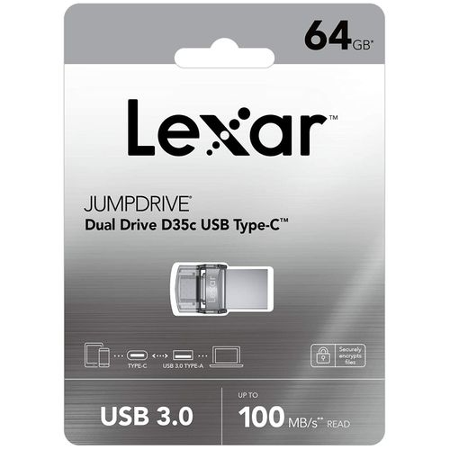 Lexar 64GB JumpDrive Dual Drive D35c USB 3.0 Type-C Flash Drive 100MB/s